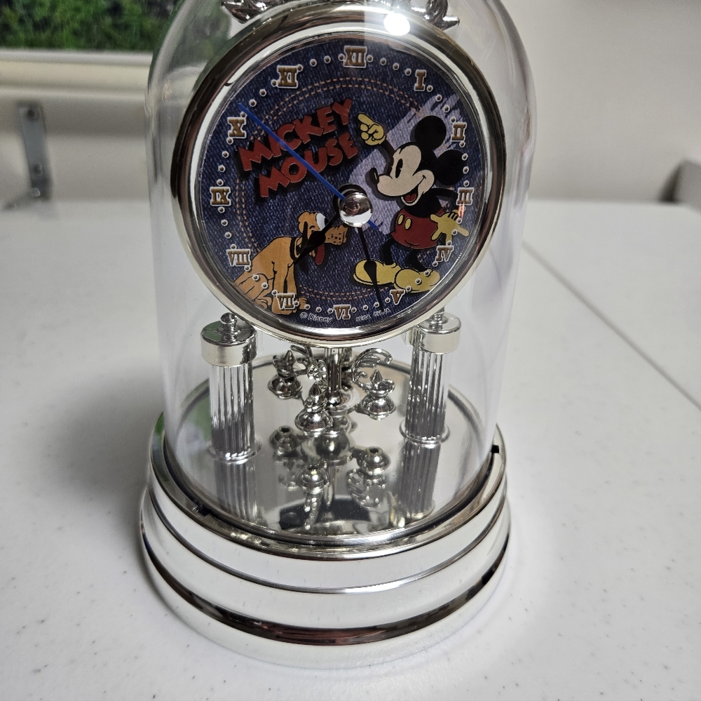 Disney Mickey Mouse  and Pluto Glass Dome Anniversary Clock New In Box.